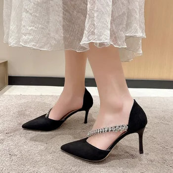 Новата модерна марка дамски обувки на висок ток с декорация във формата на кристали, рокля с остри пръсти, сватбени и вечерни обувки-лодка с кристали, черни велурени сандали