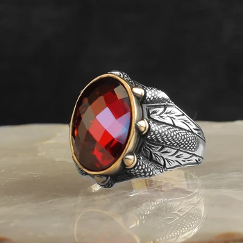 Пръстен от масивно сребро 925 проба, червен циркон, камък Falcon, дизайн нокти за мъже, подарък за бижута от висок клас блестящ камък