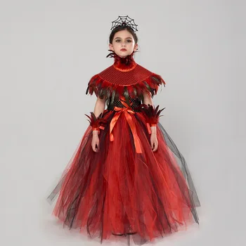 Облекло за ролеви игри в готически стил на демон, на кралицата на вампирите, детско дълга рокля-съвкупност от вещици-паяк, детски костюм за cosplay на Хелоуин