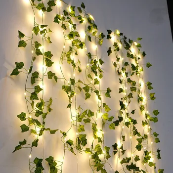 Изкуствена лоза приказни светлини Цвете зелен лист led гирлянди, работещи на батерии венец коледни светлини за плевене на домашен интериор
