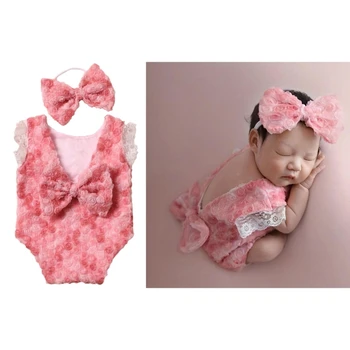 Стилна и романтична дрехи за снимки на новородени, меко и безопасно детско бельо рокля с превръзка на главата, дрехи за снимки на новородено
