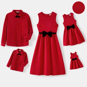 Комплекти за семейството PatPat с лък отпред, рокли-ризи с текстура червено сърце и вельветовые ризи с дълъг ръкав