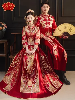 Сватбена рокля с бродерия на Финикс в китайски стил сватбена рокля с бродерия Чонсам, на традиционното атласное ципао за булката