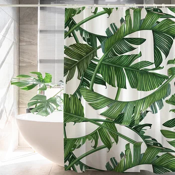 Летни, тропически душ завеса за душ, зелен бананов лист, Хавайски джунглата, ботанически растения, завеса за баня, начало декор, водоустойчив плат