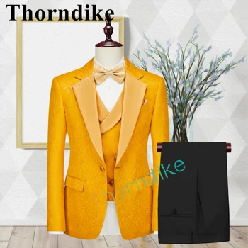 Мъжки костюм Thorndike, Сватбен Жълт Костюм на Младоженеца, Всекидневни Смокинг От Жаккардовой Тъкан, Модерен Костюм за Кума, Комплект от 3 теми, Приталенные Костюми