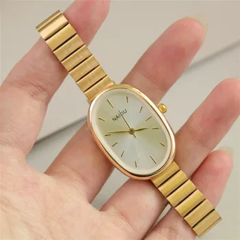Гореща разпродажба, овални красиви дамски часовници за жени, проста сребърна и златна каишка от неръждаема стомана, кварцов минималистичные ръчен часовник