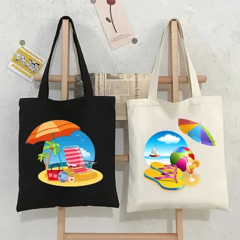 Лятна тема, почивка, слънчеви бани, пътна холщовая чанта на рамото, плажни чанти-тоут, женствена чанта за пазаруване за многократна употреба ЕКО-чанти