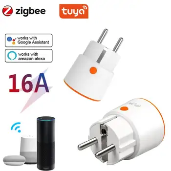 16A Sasha Smart Plug Zigbee 3.0, изход EU Power Monitor Функцията за синхронизиране на Smart Life Управление на бойлер Подкрепа Алекса Google Home