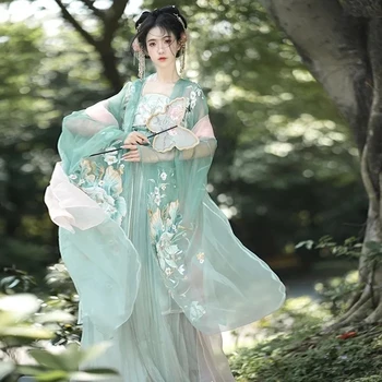 Китайското рокля Hanfu, женска риза с голям ръкав и принтом, зелен, розов комплект Hanfu, карнавальное рокля за cosplay, феи, танцово рокля Hanfu