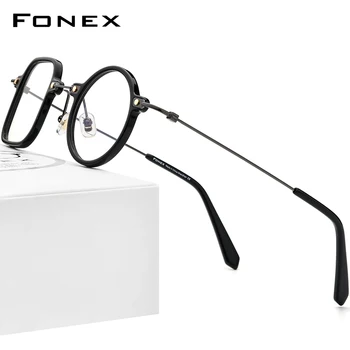 FONEX Ацетатная титановая рамки за очила Мъжки реколта ляво квадратни десни кръгли очила по рецепта дамски слънчеви очила F85700