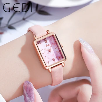 Дамски часовници GEDI Rectangle Sakura Pink, луксозни водоустойчива ултра-тънки дамски часовници, кожена каишка, модерни кварцови часовници, новост