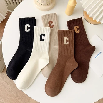 5 двойки кафе чорапи с бродерия букви от дамски чорапи със средна дължина, от мек памук, есенно-пролетни чорапи за спорт на открито, ежедневни удобни чорапи