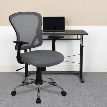Сиво сетчатое завъртащо се офис стол с хромирано основа и подлакътници