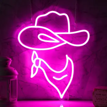 Неонова реклама в ковбойской шапка, розова ковбойская шапка, led неонова реклама на бира на бара, естетичен декор мъжки пещери за парти в чест на рождения ден на западна тема