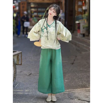 Китайското рокля на династията Тан, лятото, елегантен зелен топ с флорални принтом, панталони, дамски ежедневни безплатен комплект