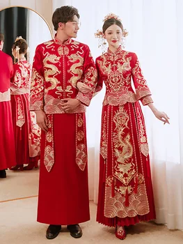 Елегантна бродерия на дракон и феникс, китайското официално сватбена рокля, булчински костюм, източна облекло за булката и младоженеца