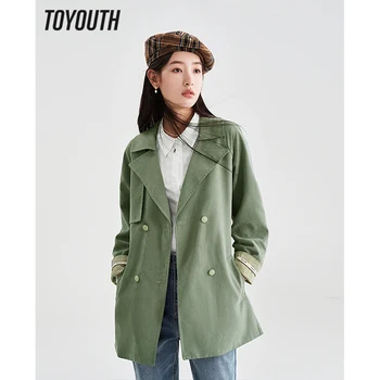 Toyouth женски тренч 2023 Пролет, дълъг ръкав, на ревера, без яке със средна дължина, зелени елегантен шик ежедневни блузи