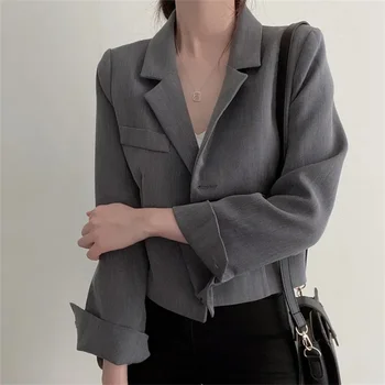 Есенни къси якета за костюми за жени 2023, корейски шик однобортный сако с ревери и дълъг ръкав, реколта ежедневни палта, елегантни