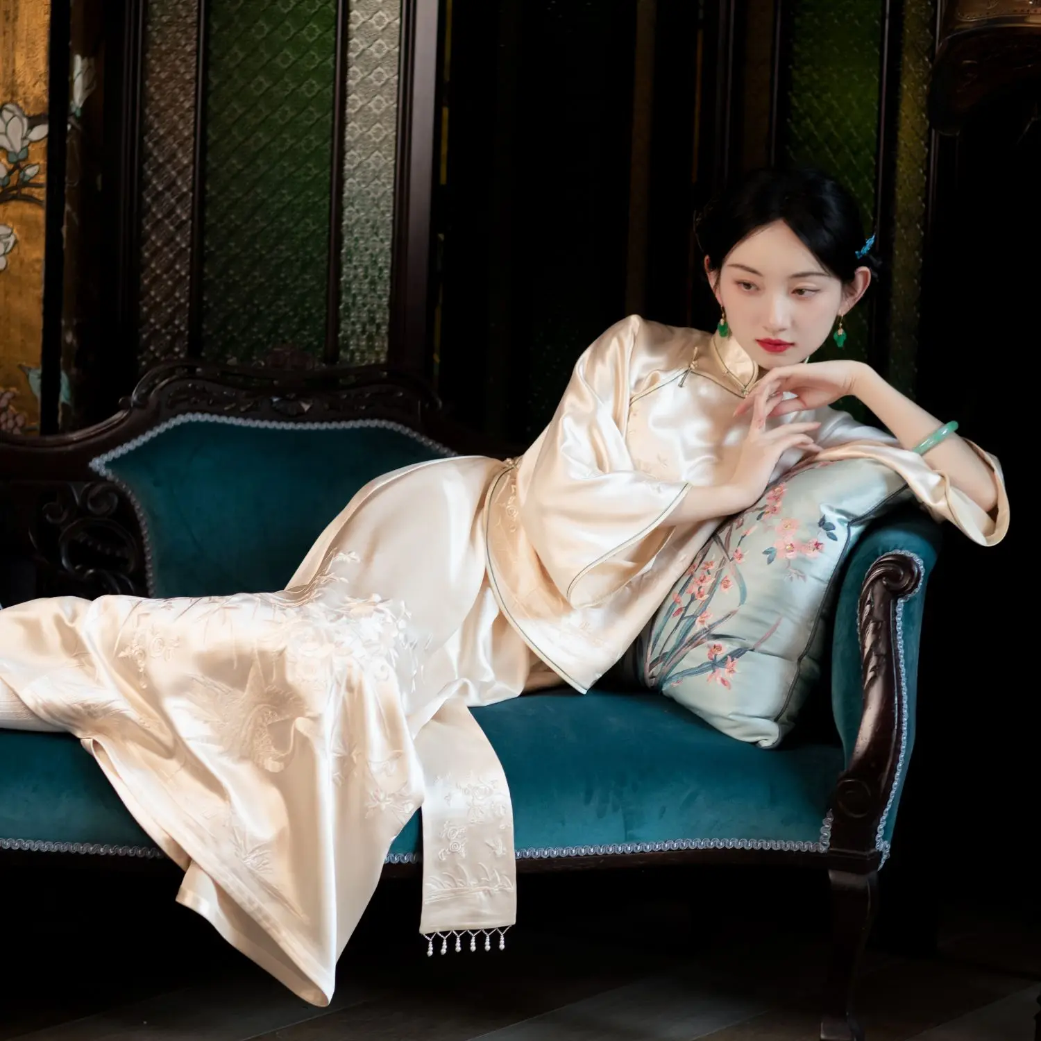 2023 Ретро сатен костюм от епохата на Тан с бродерия, изработени от бамбук, най -, поли, панталони, дамски дрехи, китайското сватбена рокля, на традиционното Ципао0