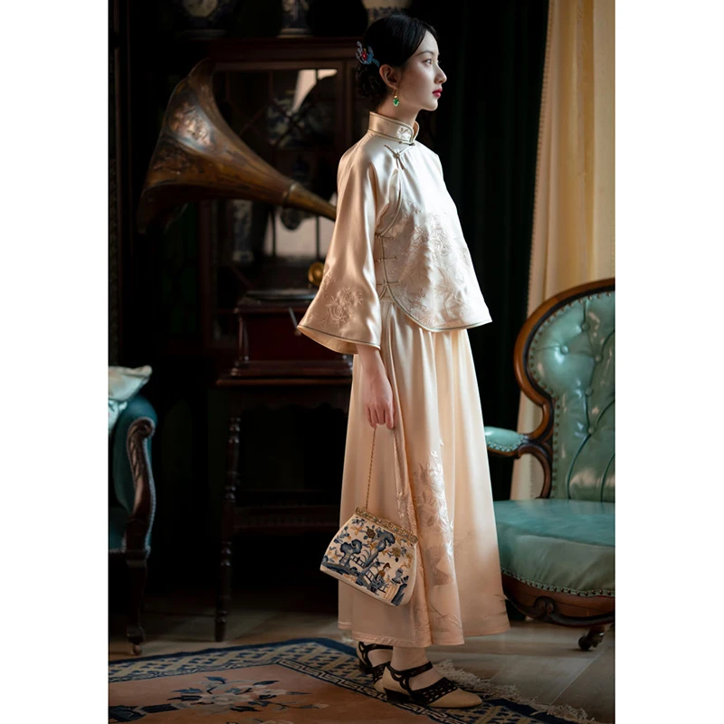 2023 Ретро сатен костюм от епохата на Тан с бродерия, изработени от бамбук, най -, поли, панталони, дамски дрехи, китайското сватбена рокля, на традиционното Ципао1