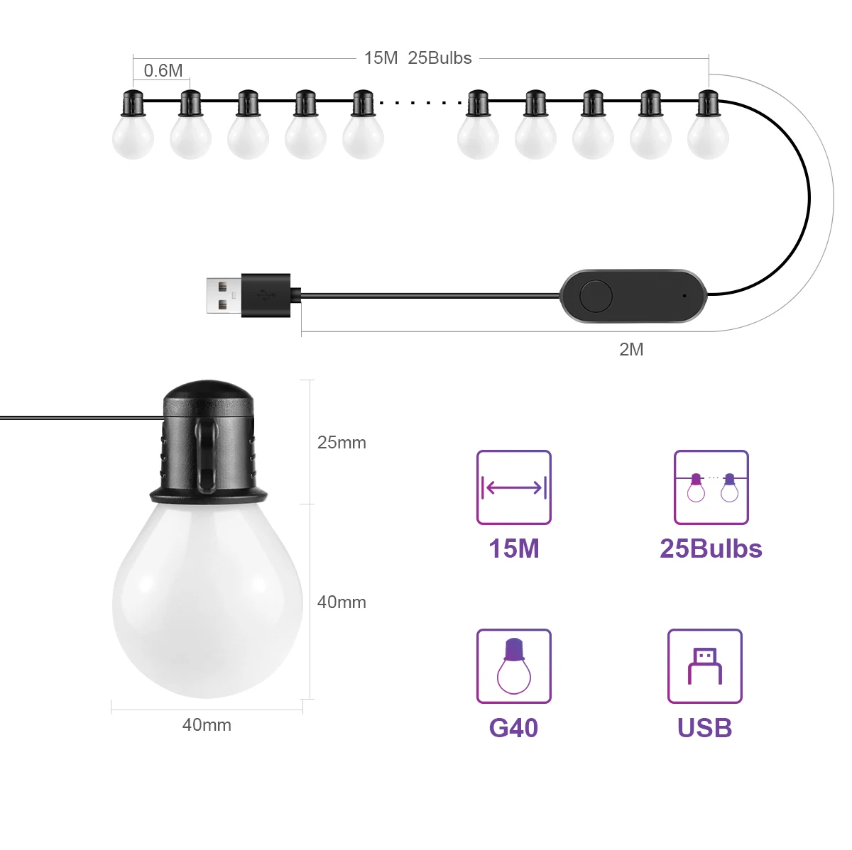 Sasha Smart WIFI G40 Led Лампа-Венец USB 15M 25 Blubs Страхотна Светлините на Коледната Спалня Открит Градински Декор Венец-Венец1