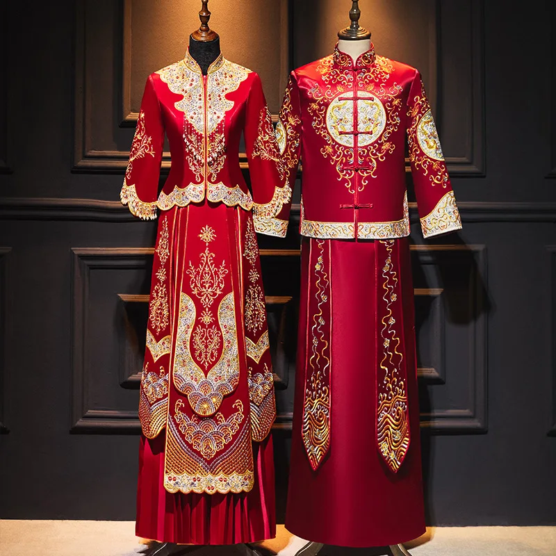 Китайското традиционната сватбена рокля с бродерия от мъниста банкетна висок клас класически китайски ципао0