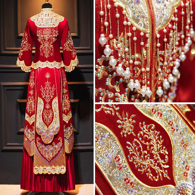Китайското традиционната сватбена рокля с бродерия от мъниста банкетна висок клас класически китайски ципао2