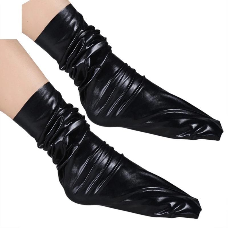 2023 Нови дамски чорапи свободно намаляване на изкуствена кожа, смешни лъскави, метални обикновена топли чорапи със средна дължина, клубна облекло1