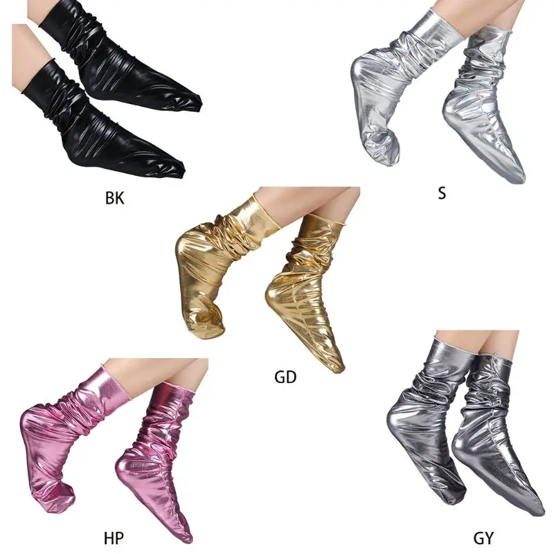2023 Нови дамски чорапи свободно намаляване на изкуствена кожа, смешни лъскави, метални обикновена топли чорапи със средна дължина, клубна облекло4