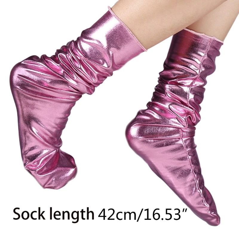 2023 Нови дамски чорапи свободно намаляване на изкуствена кожа, смешни лъскави, метални обикновена топли чорапи със средна дължина, клубна облекло5