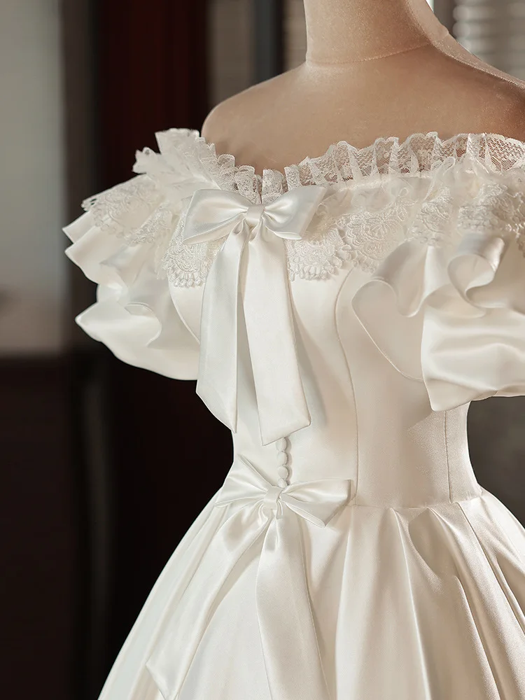 Реколта булчинска рокля трапецовидна форма от бял сатен за булката с открити рамене, вечерна рокля Vestido De Новия1
