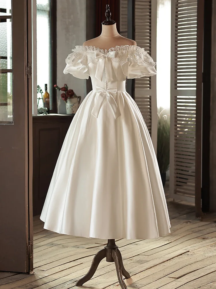 Реколта булчинска рокля трапецовидна форма от бял сатен за булката с открити рамене, вечерна рокля Vestido De Новия2