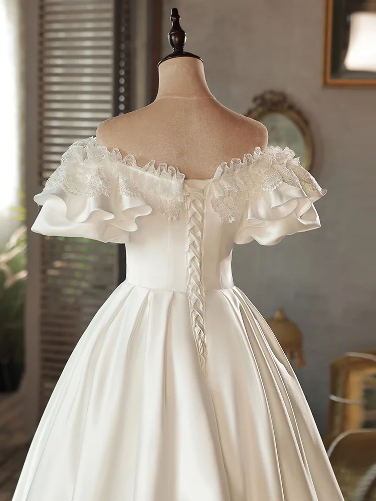 Реколта булчинска рокля трапецовидна форма от бял сатен за булката с открити рамене, вечерна рокля Vestido De Новия3