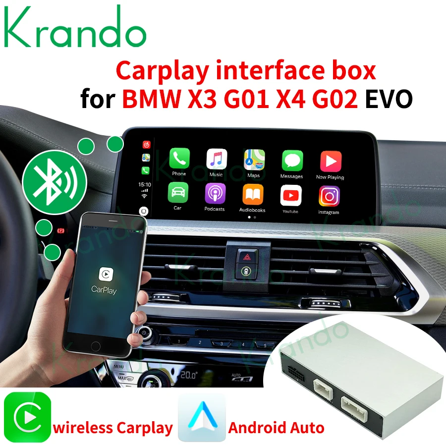 Krando Wireless CarPlay Android Auto Interface Box X3 F25 X4 F26 G01 G02 CIC NBT EVO 2011-2020 Модул за управление на Siri1