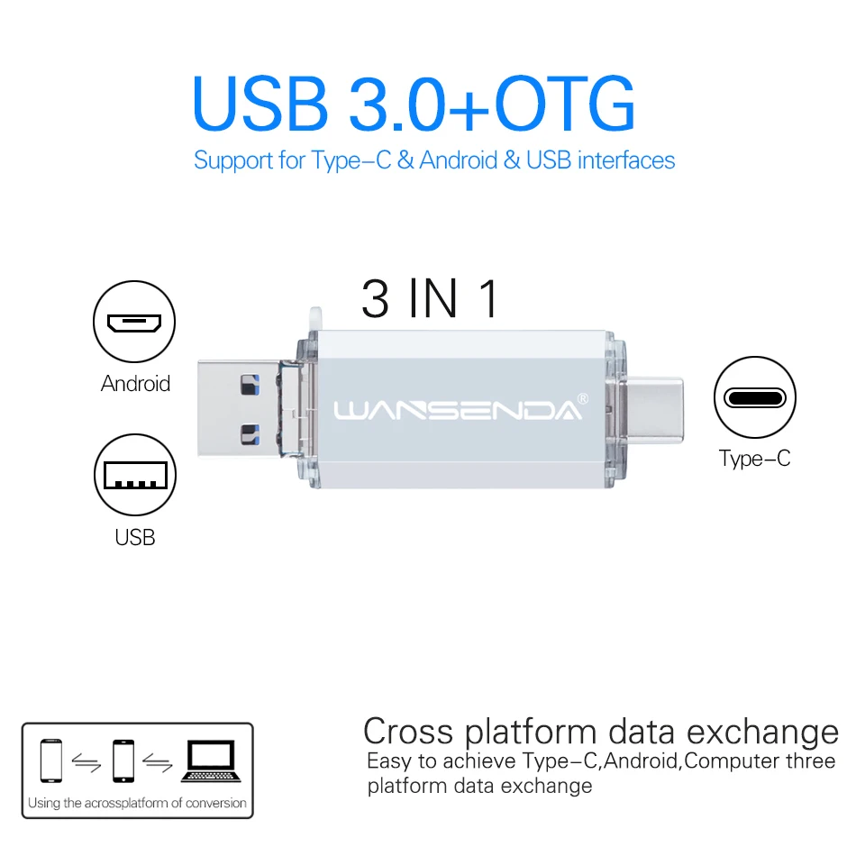 10 бр./лот WANSENDA USB Флаш памет OTG 3 В 1 USB3.0 и TYPE C и microUSB Пръчка 16 GB 32 GB 64 GB 128 GB за смартфон /PC1