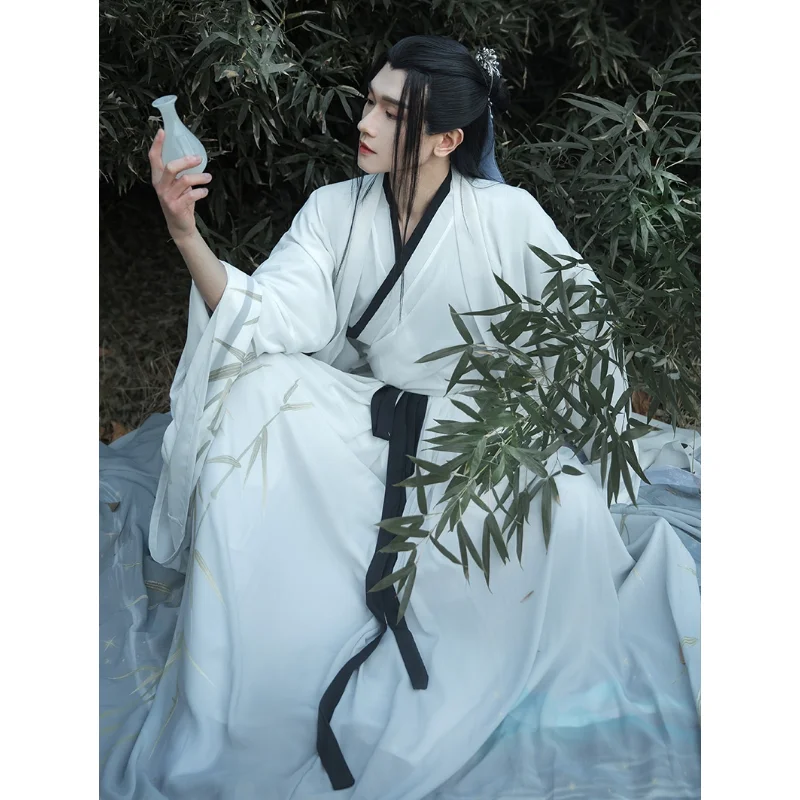 Ориенталски елегантен бял костюм Hanfu с преминаването яка и бамбуковым принтом с голям ръкав, 3 бр., мъжки дрехи, традиционен китайски костюм за cosplay1