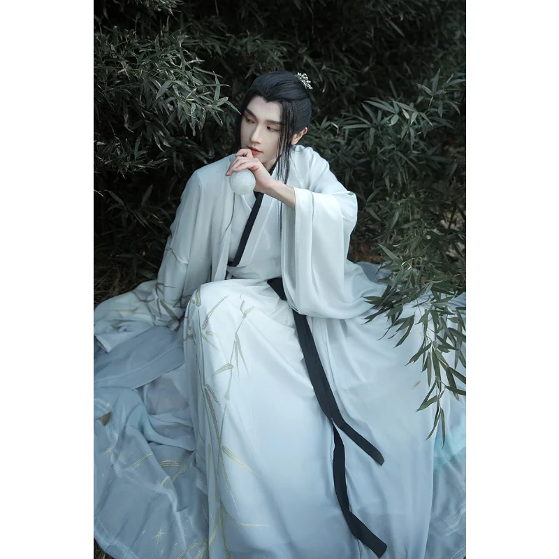 Ориенталски елегантен бял костюм Hanfu с преминаването яка и бамбуковым принтом с голям ръкав, 3 бр., мъжки дрехи, традиционен китайски костюм за cosplay2