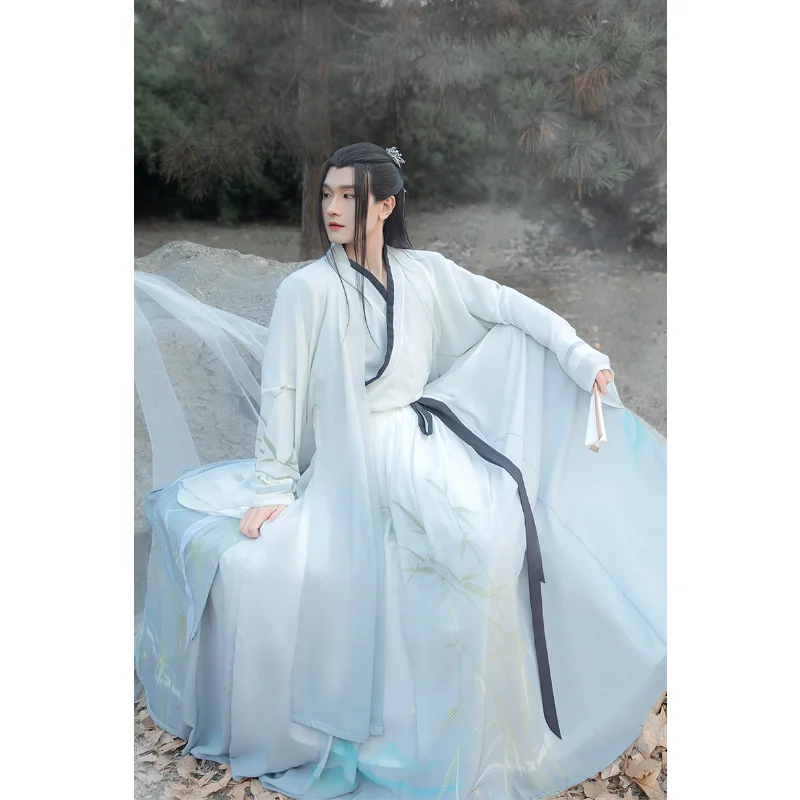 Ориенталски елегантен бял костюм Hanfu с преминаването яка и бамбуковым принтом с голям ръкав, 3 бр., мъжки дрехи, традиционен китайски костюм за cosplay3