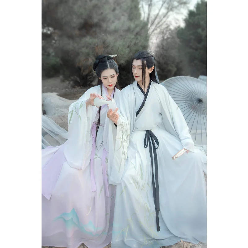 Ориенталски елегантен бял костюм Hanfu с преминаването яка и бамбуковым принтом с голям ръкав, 3 бр., мъжки дрехи, традиционен китайски костюм за cosplay4