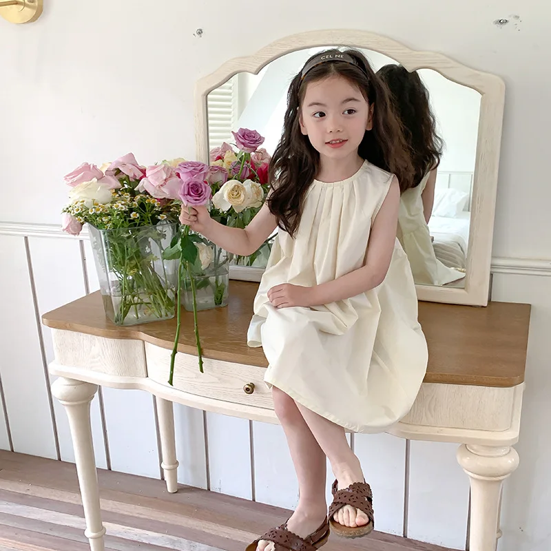 Лятото однотонное рокля без ръкави за момичета в корейски стил, свободни рокля с отворен гръб за момичета3