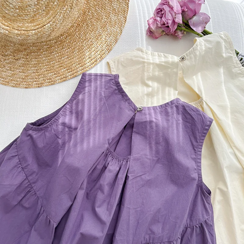 Лятото однотонное рокля без ръкави за момичета в корейски стил, свободни рокля с отворен гръб за момичета5