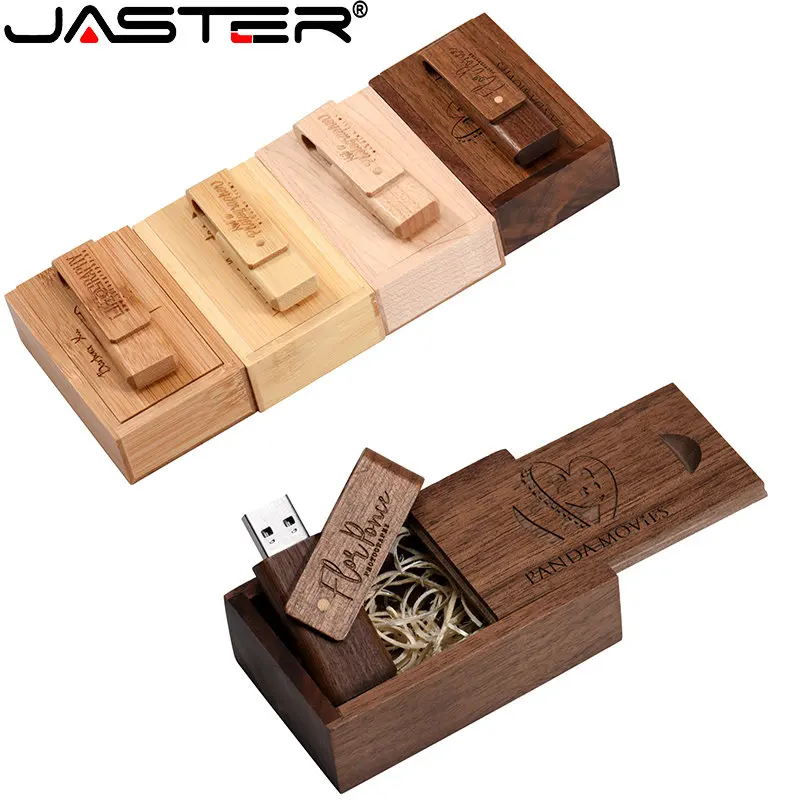 JASTER Въртящи се Дървени флаш памети USB 2.0 128 GB Креативна подарък кутия Флаш памет 64 GB 32 GB Безплатно лого Memory stick duo 16 GB 8 GB U-диск1