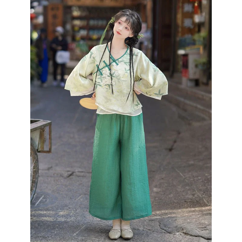 Китайското рокля на династията Тан, лятото, елегантен зелен топ с флорални принтом, панталони, дамски ежедневни безплатен комплект0
