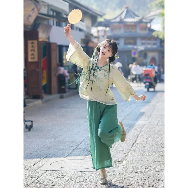 Китайското рокля на династията Тан, лятото, елегантен зелен топ с флорални принтом, панталони, дамски ежедневни безплатен комплект1
