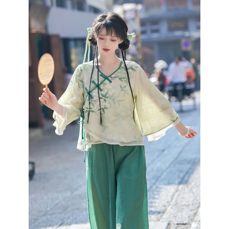 Китайското рокля на династията Тан, лятото, елегантен зелен топ с флорални принтом, панталони, дамски ежедневни безплатен комплект2