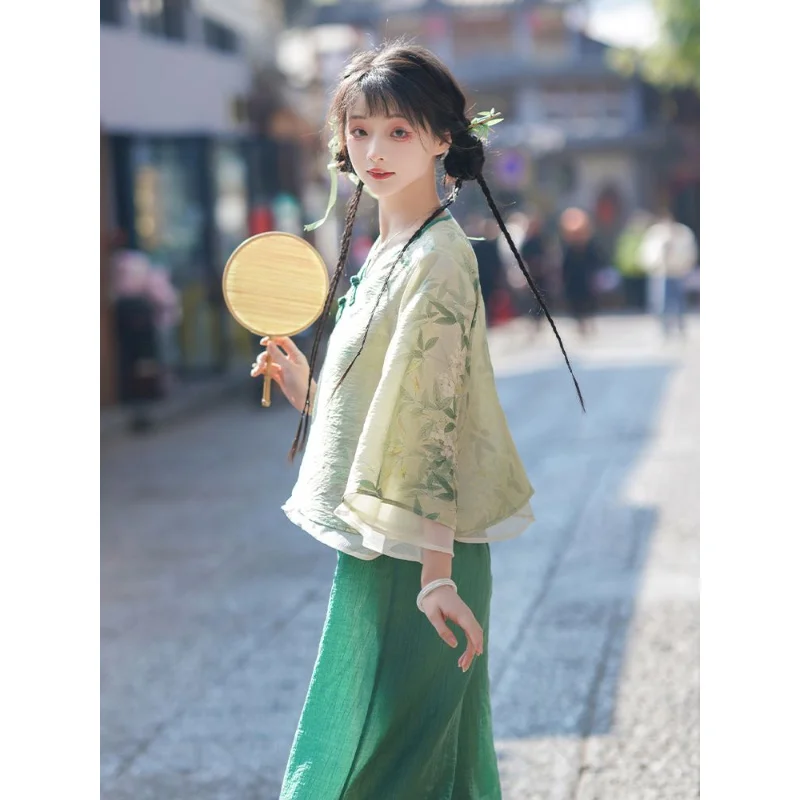Китайското рокля на династията Тан, лятото, елегантен зелен топ с флорални принтом, панталони, дамски ежедневни безплатен комплект3