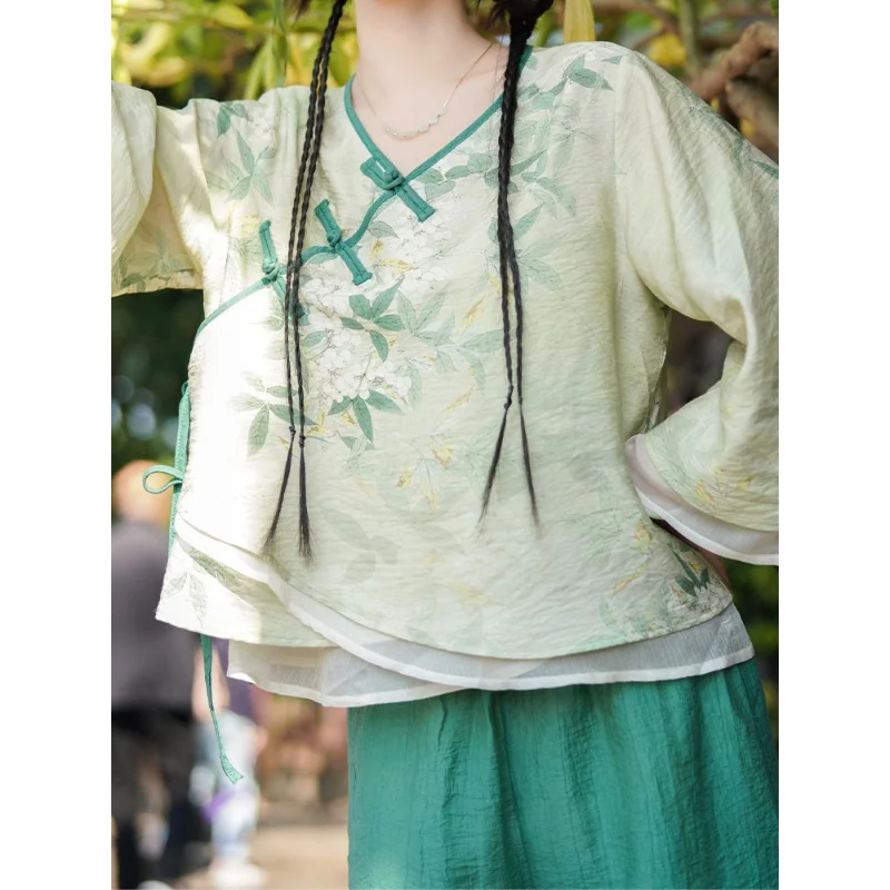 Китайското рокля на династията Тан, лятото, елегантен зелен топ с флорални принтом, панталони, дамски ежедневни безплатен комплект4