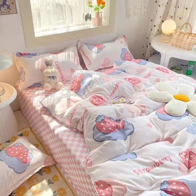 Комплект спално бельо Pink Rose INS В Корейски Стил, Комплект спално бельо Двоен Full Queen Size За Момичета, Цветен Чаршаф, Плосък Чаршаф, Комплект покрива възглавница Kawaii5